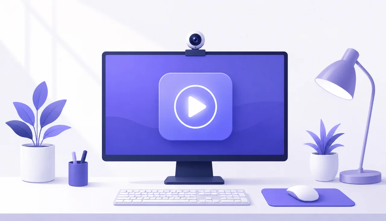 Illustration of a Windows PC monitor showing a glowing play button instead of a live camera picture