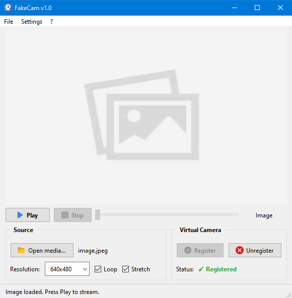 FakeCam streaming a clean feed with no watermark The FakeCam window with a video loaded