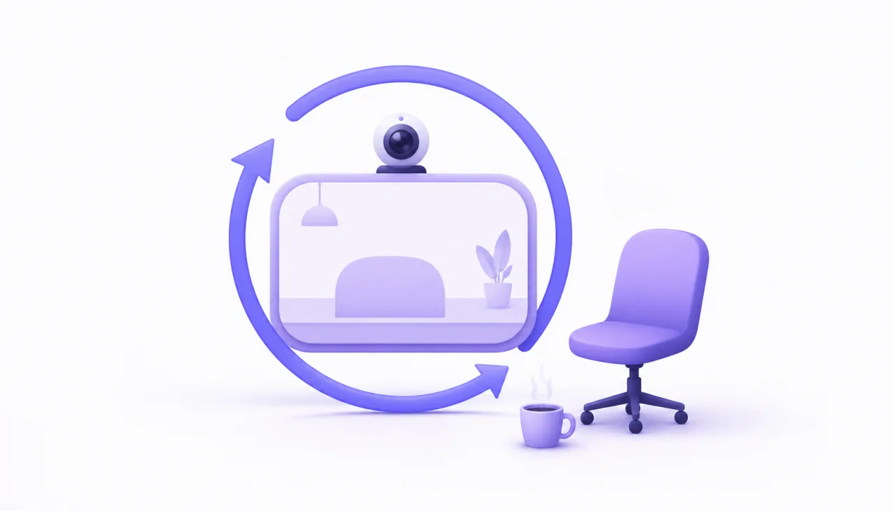 Illustration of a webcam tile showing a looping clip of a person at a desk while their chair is briefly empty