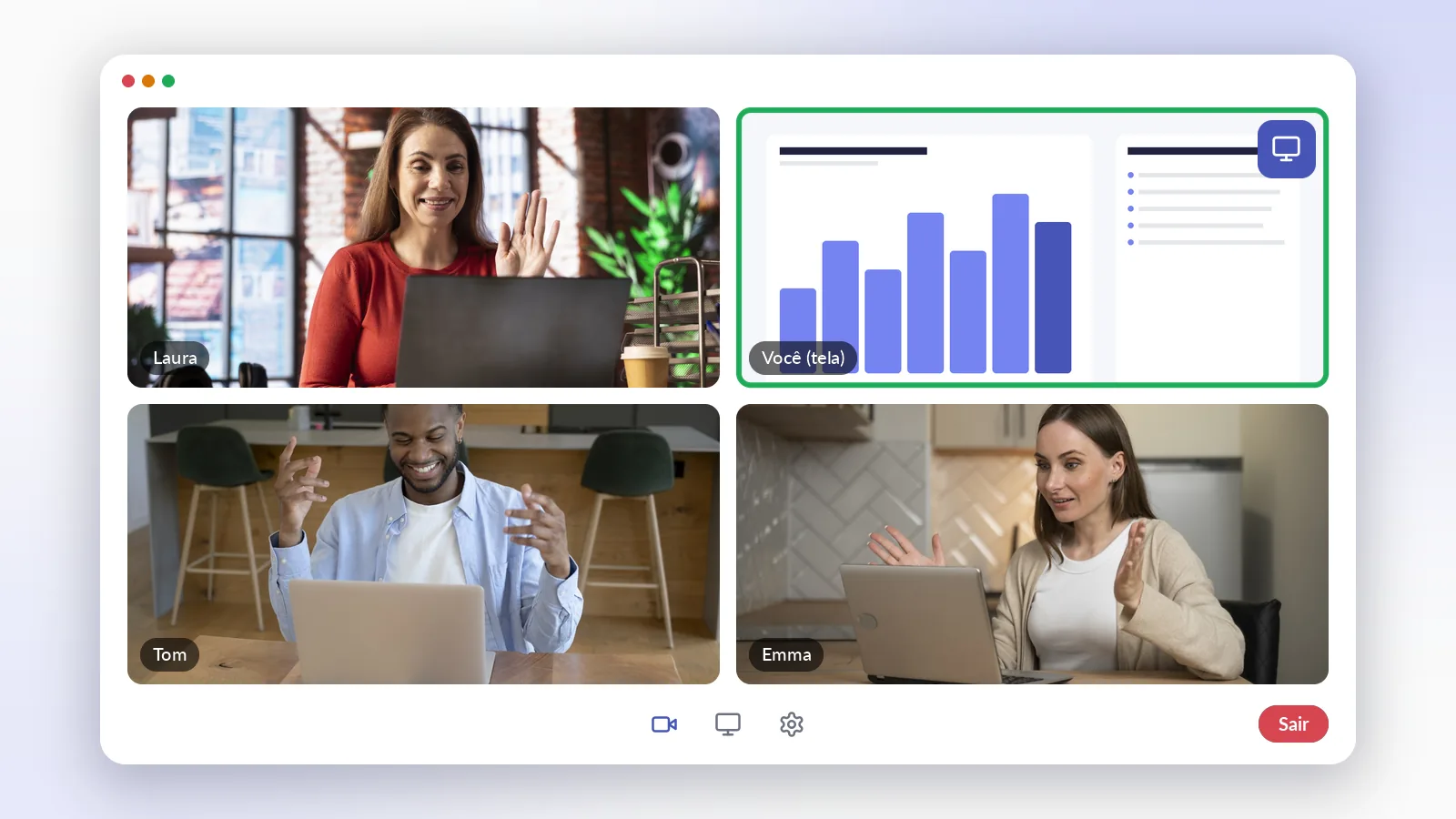 Uma chamada de vídeo em que um quadro é um painel transmitido pelo FakeCam como câmera, ao lado de três pessoas em webcams normais