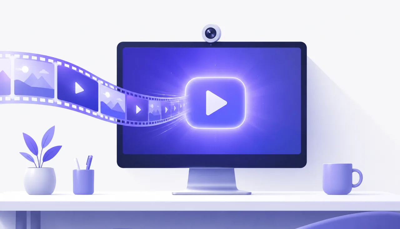 Illustration of a video clip playing as a live webcam feed on a computer screen