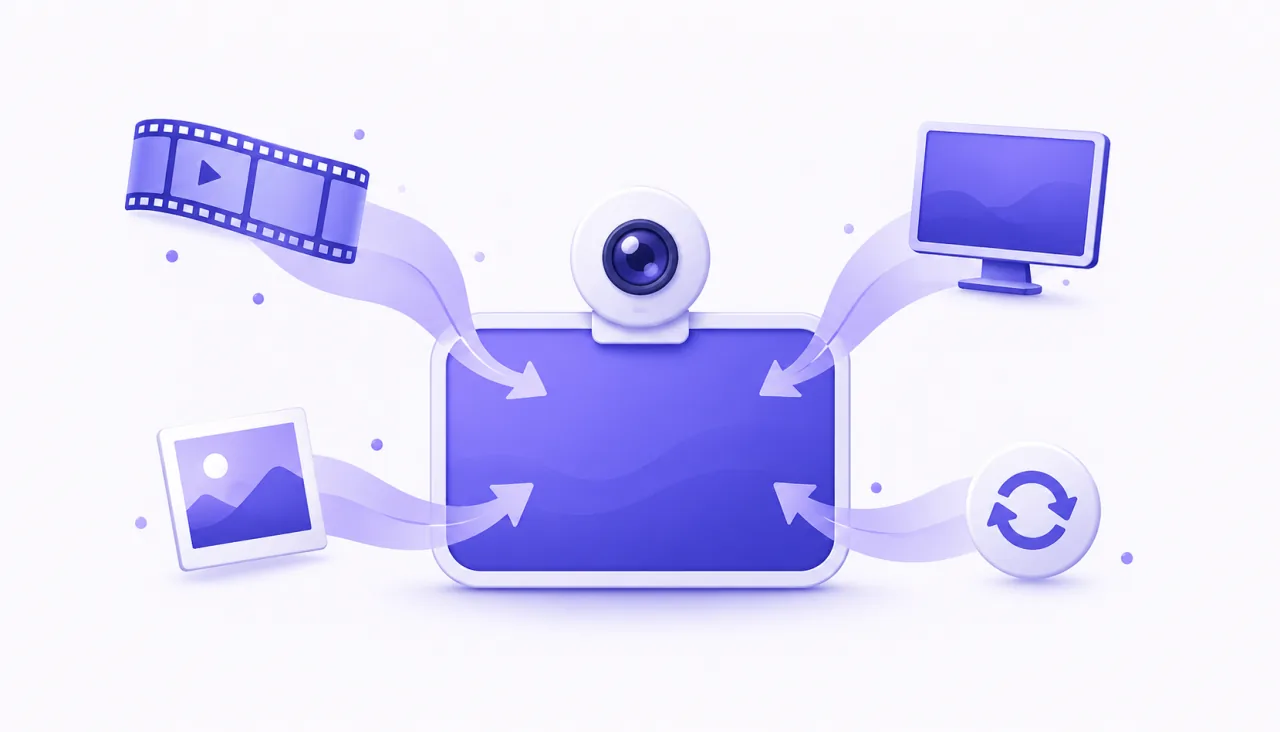 Illustration of one webcam tile fed by a video, a photo, a screen and a loop, showing a virtual camera with many sources