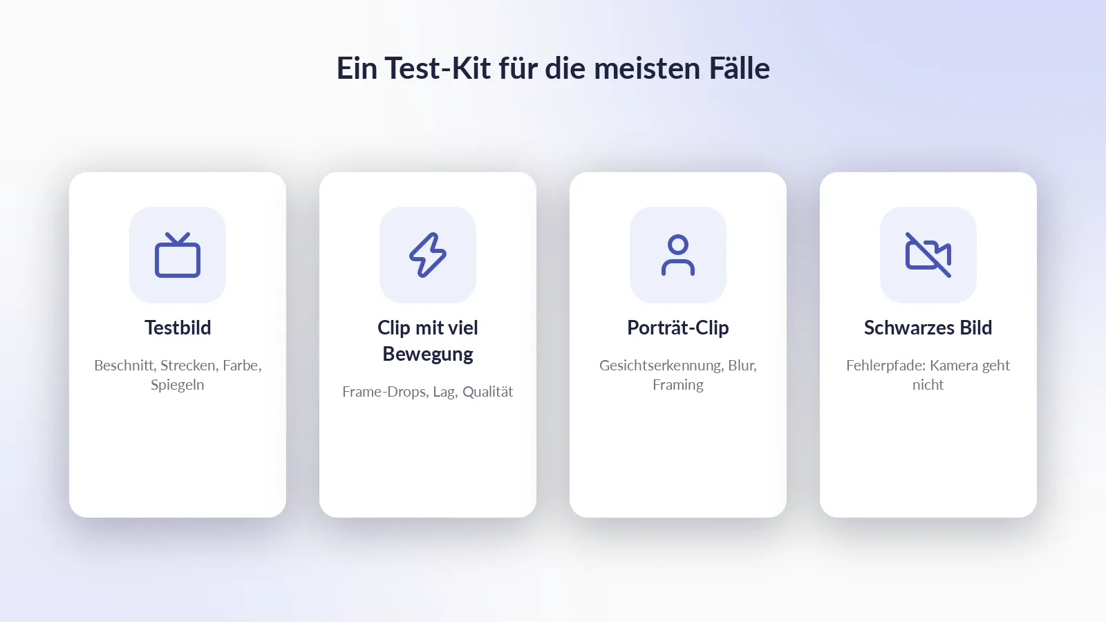 Die vier Testeingaben: ein Farbbalken-Testbild, ein Clip mit viel Bewegung, ein Porträt-Clip mit Gesicht und ein schwarzes Bild