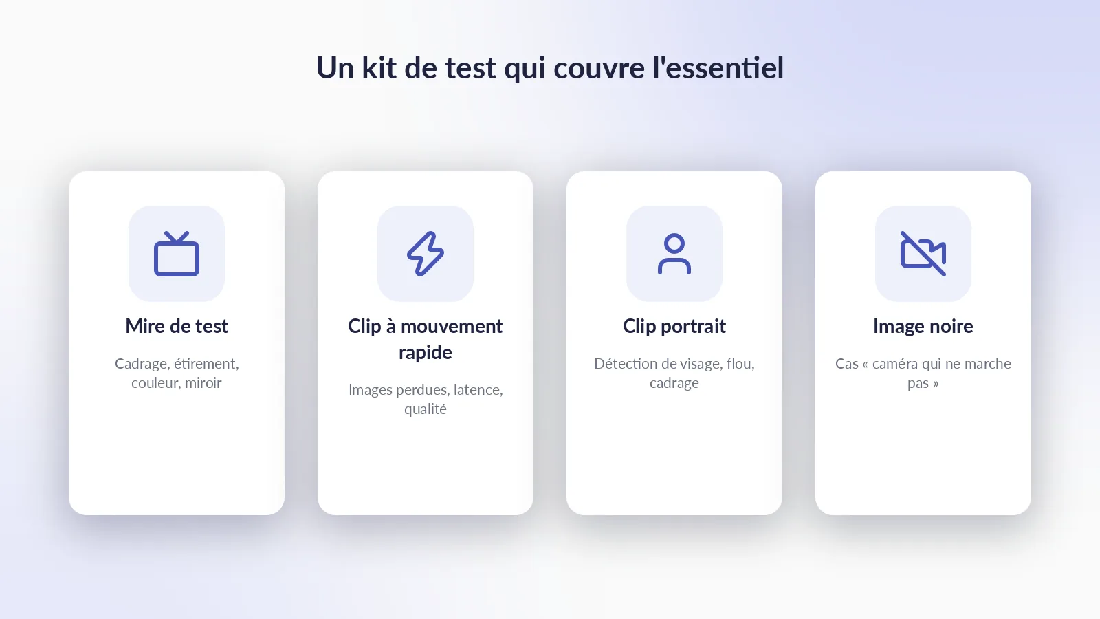 Un petit kit d'entrées couvre la plupart des cas de test caméra Les quatre entrées de test : une mire à barres de couleur, un clip à mouvement rapide, un clip portrait avec un visage, et une image noire