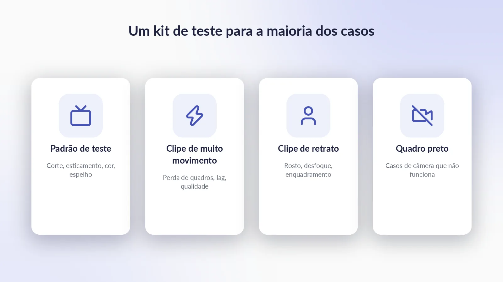 As quatro entradas de teste: um padrão de barras coloridas, um clipe de muito movimento, um clipe de retrato com um rosto e um quadro preto