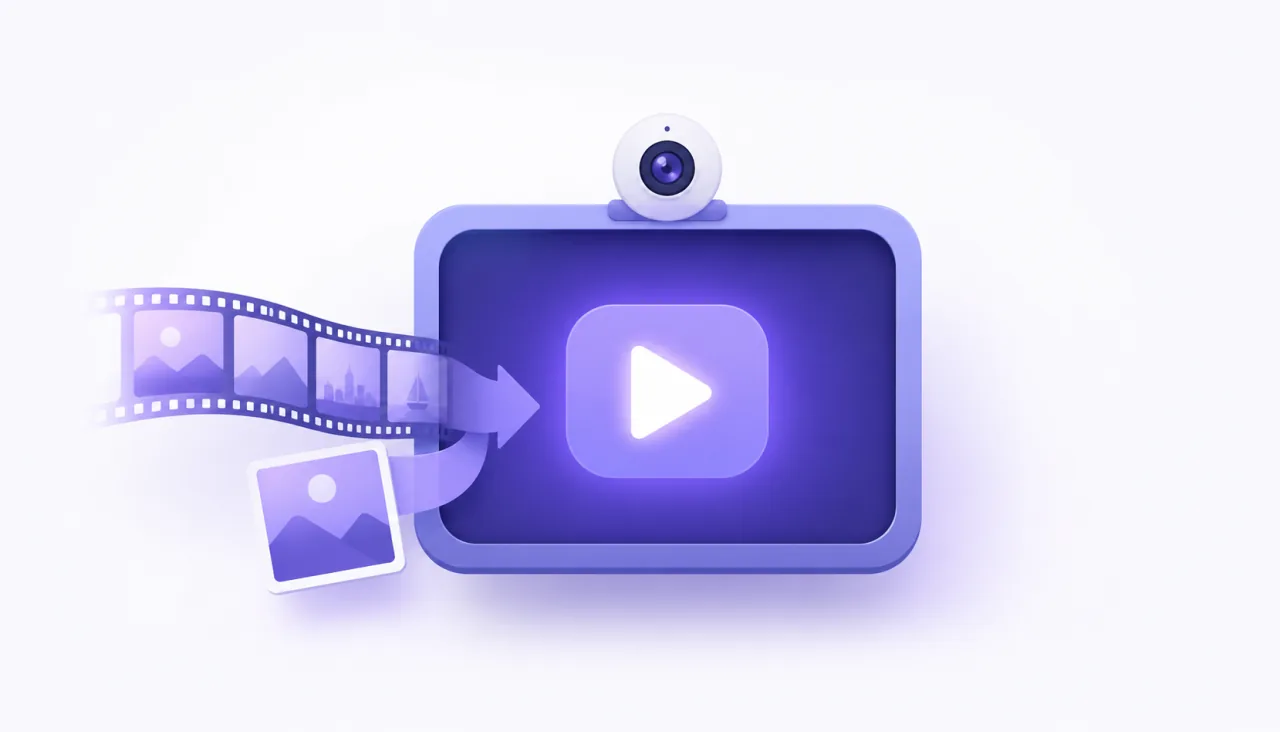 Illustration of a webcam feed showing a glowing play button instead of a live camera picture