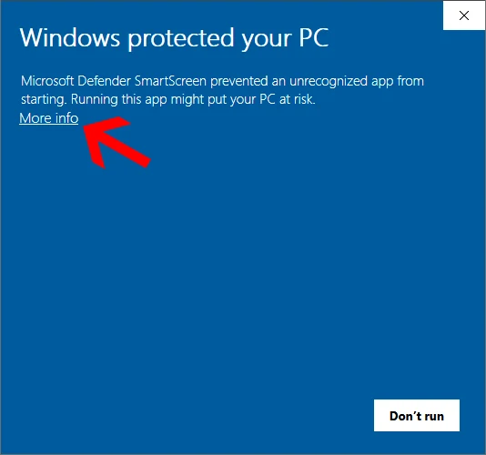 The "Windows protected your PC" warning with the "More info" link