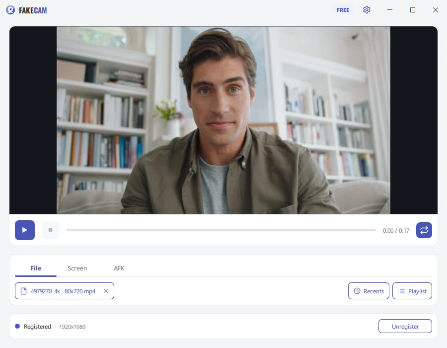 FakeCam virtual camera app running on Windows